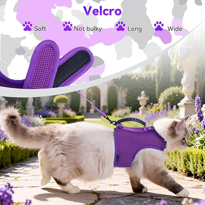 Cat Harness and Leash for Walking Escape Proof Breathable Mesh Fabric, Purple, Large, Adjustable Cat Walking Jackets with Handle, Padded Stylish Cat Vest
