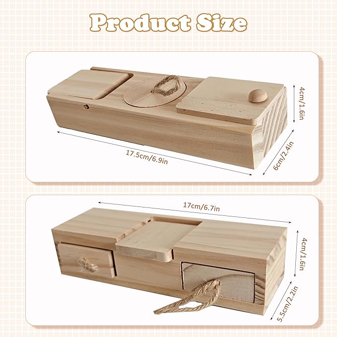 2 PCS Wooden Foraging Toys for Guinea Pigs, Hamsters & Chinchillas, Small Pet Puzzle Feeder with Drawers and Ropes, Natural Wood Chew Enrichment Activity Toy