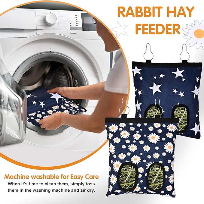 Upgraded Rabbits Hay Feeder Bag for Bunny, Guinea Pigs, Chinchillas - Hanging Washable 2-Hole Hay Dispenser with 600D Oxford Fabric, Small Animal Cage Accessories (Blue Star)