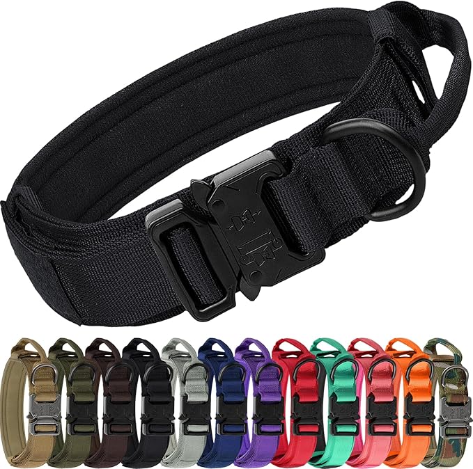 Joytale Tactical Dog Collar with Handle and Metal Buckle, Heavy Duty Padded Military Collar with 2 Patches for Training, Adjustable for Large Dogs, Black, L
