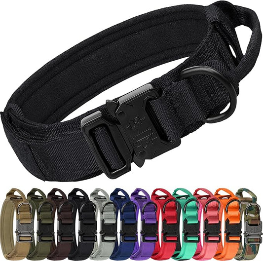Joytale Tactical Dog Collar with Handle and Metal Buckle, Heavy Duty Padded Military Collar with 2 Patches for Training, Adjustable for Medium Dogs, Black, M