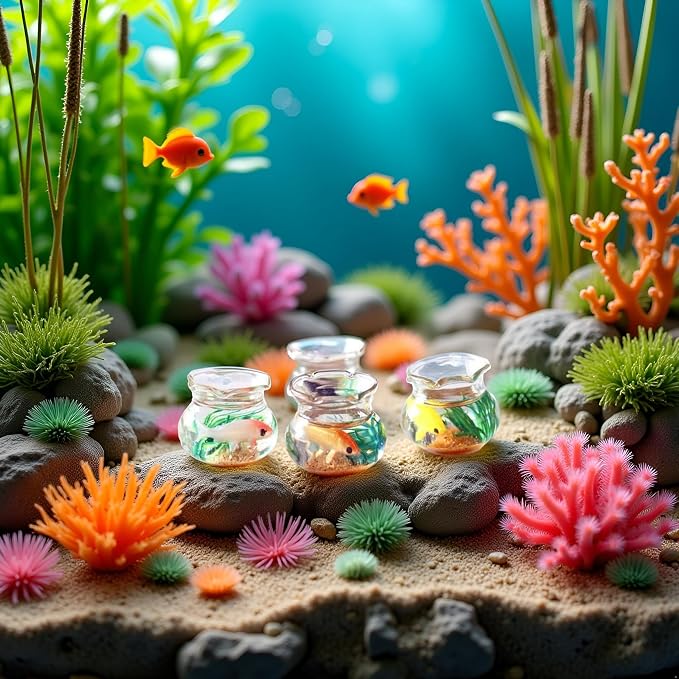 2Pcs Miniature Fish Tank Toy Mini Round Fish Bowls Resin Goldfish Grass for Dollhouse Desktop Craft Project Decor,Mini Fish Bowl,Dollhouse Accessories,Dollhouses Décor