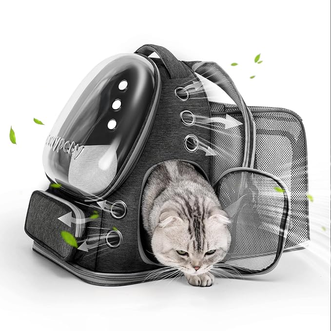 Cawypety Expandable Cat Backpack,Cat Bubble Backpack Carrier for Carrying Cats, Pets and Small Dogs,Airline-Approved,Designed for Travel, Hiking, Walking,Car （Black