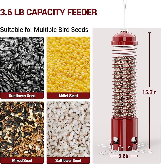 Squirrel Proof Bird Feeder, Metal Bird Feeders for Outdoors Hanging, 3.6LB Large Seeds Capacity for Wild Birds, Finch, Cardinal, Blue Jay, Chickadee, Red
