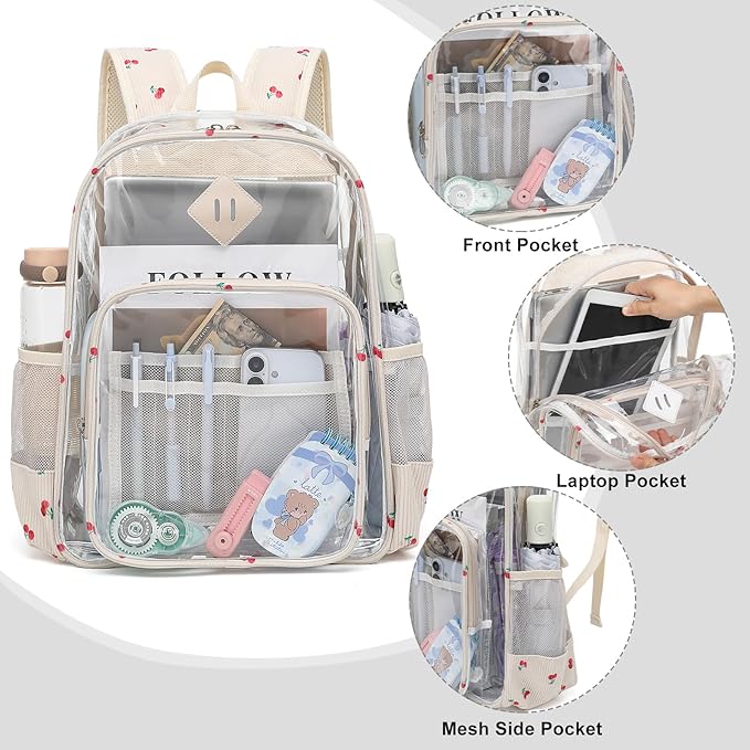Clear Backpack for Girls Women School Bookbag Heavy Duty Transparent Backpacks (Corduroy Cherry)