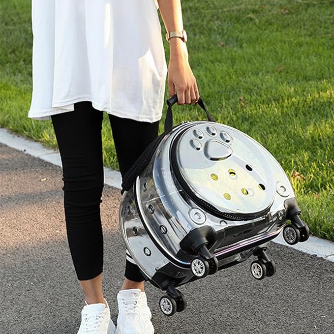 Cat Carrier with Silent Wheels Telescopic Handle, Transparent Bubble Cat Carrier, Pet Trolley Case with Clear Ventilation Holes, Portable Cats Dogs Backpack, Pet Rolling Carrier Bag for Hiki