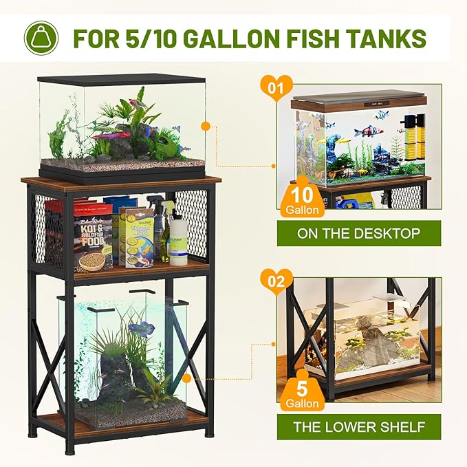 Snughome 10 Gallon Aquarium Stand, 3-Tier Storage Fish Tank Stand 220 lb Top, Fits 5/10 Gallon , Waterproof / Small Space, 20.47" x 11.42" x 30.91", Rustic Brown