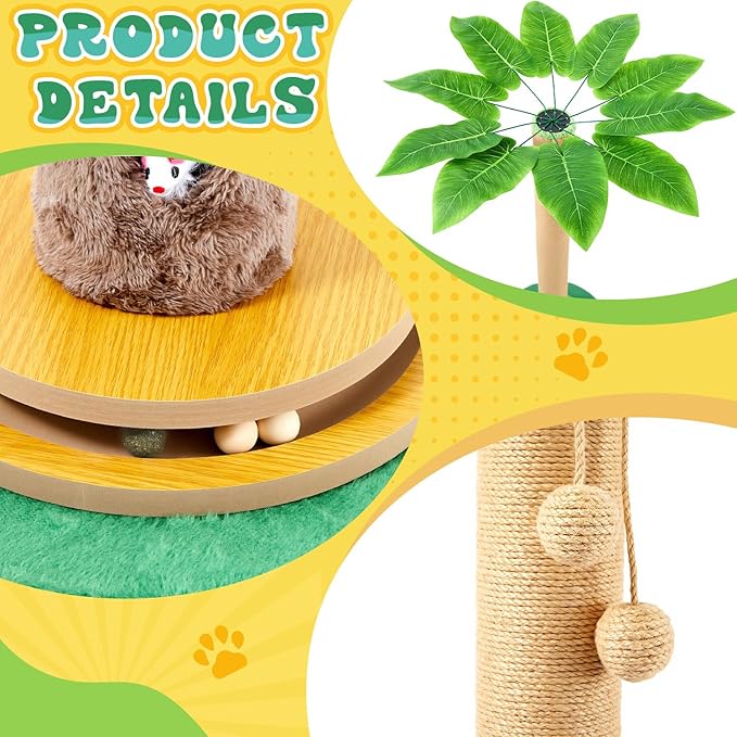 Nuanchu 45in Tall Cat Scratching Post for Indoor Cats Adults, Scratcher Tree Tower with Sisal Rope, Large Cats Scratching Posts with Hanging Ball for Kittens and Medium Large Pet