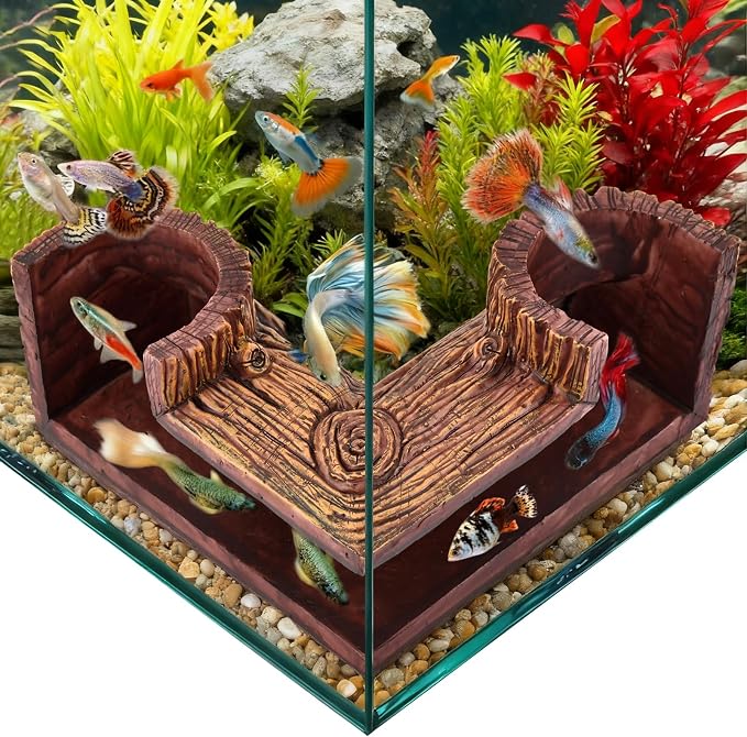Aquarium Cave, 5.1” x 2” x 2.6” Wood-Like Fish Tank Cave for Corners, Fish Tank Accessories Tunnel Cave & Hideout for Aquarium Guppy, Corydoras Catfish, Bettas Hide(Color:Brown)