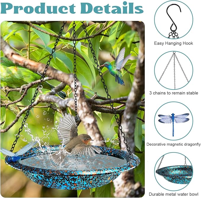 Hanging Bird Bath for Outside 11.4 inch Birdbath Bowl with Rust-Proof Black Chains Hooks Metal Hanging Window Bird Feeder for Outdoor Garden Decor (Blue Mix Copper Color)