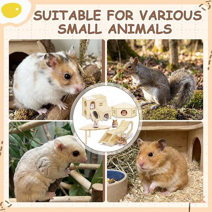 BreezeHug 4 Pcs Hamster Platform Hideout Wooden Tunnel Ladder Playhouse Hamster Game Climbing Toy with Platform Cage Accessories for Pets Dwarf Syrian Mice Degus Gerbils Squirrel(Spy Villa)