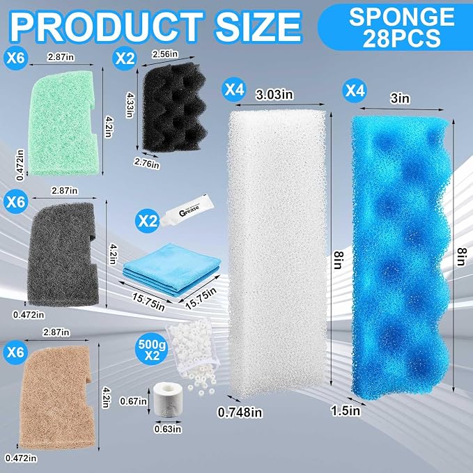 Threlaco 32 Pcs Filter Media Compatible with 306/307 Filters, Aquarium Replacement Maintenance Kit Including Biological Sponge, Ammonia/Phosphate/Nitrite Remover Pad, Aquarium Towel, Grease