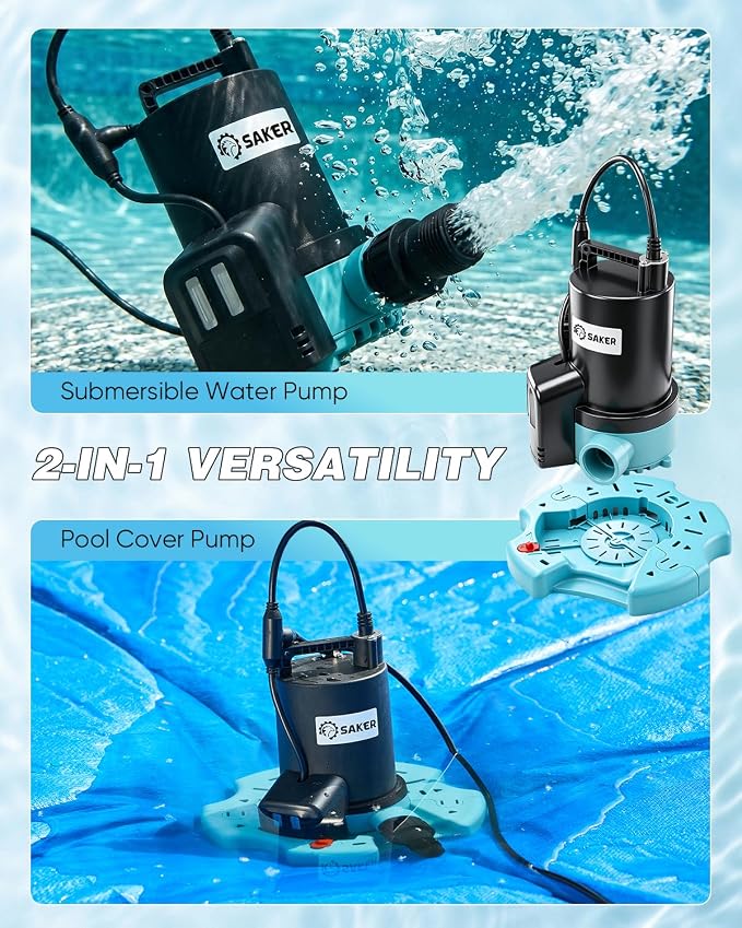 Saker Automatic On Off Submersible Water Pump, 1/4 HP Sump Pump,2377 GPH | Submersible Pump,Pool Cover Pump with 25ft Power Cord & Filter Net for Swimming Pool Covers, Hot Tubs, Rooftops