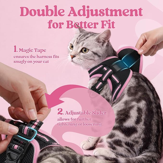 rabbitgoo Cat Harness and Leash Set for Walking Escape Proof, Adjustable Soft Kittens Vest with Reflective Strip for Cats, Comfortable Outdoor Vest, Black & Pink, S