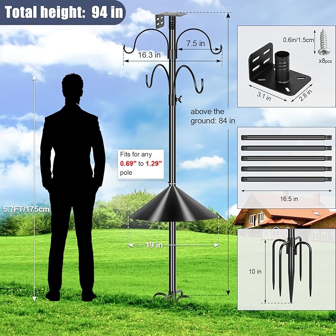 Gtongoko Smart Bird Feeder Pole Squirrel Proof 1-Inch Dia 94 Inch with 4 Shepherds Hooks Hanging Bluebird House Pole for Outdoors Squirrel Baffles for Feeders Metal Heavy Duty Mounting Kit