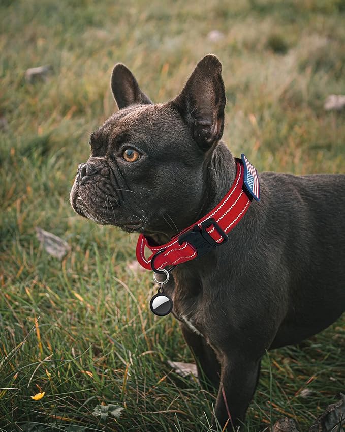 AUBELL Reflective Tactical Dog Collar,Adjustable Military Heavy Duty K9 Collars with Handle and Quick Release Metal Buckle Great for Extra Large Dogs, with Airtag Case and 2 Patches (Red,XL)