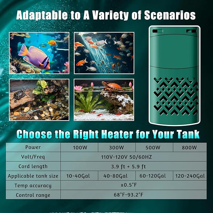 800W Smart Aquarium Heater for 120-240 Gallon Submersible with Variable-Frequency Energy Savings, Out of Water Protection, Overheat Protection, Adjustable for Freshwater, Saltwater, Turtle Tank