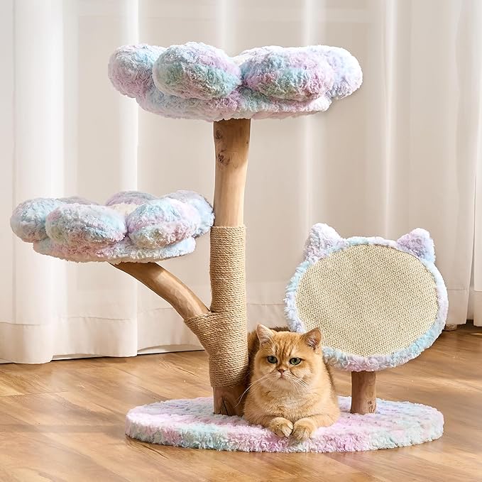Aesthetic Flower Cat Tree Tower with Scratching Post for Indoor Cats, 30" H Modern Cat Tree with Natural Solid Wood Branch, Fluffy Cat Beds Removable & Large Scratching Board, Sakura Pink