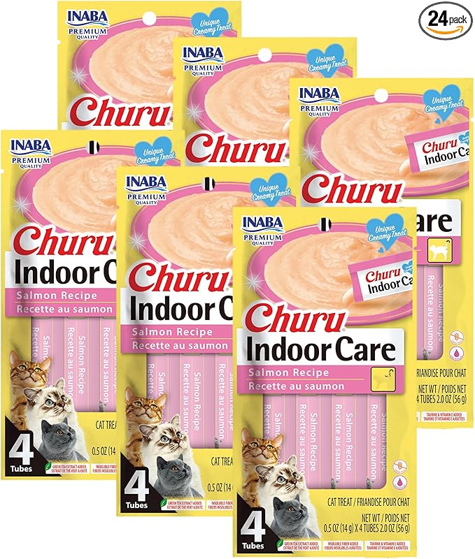 INABA Churu Indoor Care for Hairball Control, Functional Lickable Cat Treat with Taurine & Green Tea Extract, 0.5oz Each, 24 Tubes Total, Salmon Recipe