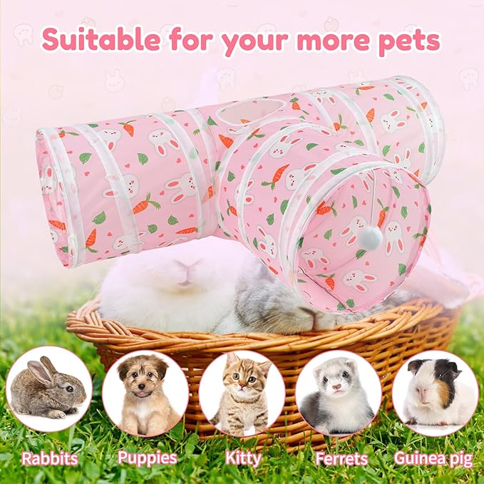 BWOGUE Bunny Tunnels & Tubes Collapsible 3 Way Bunny Hideout Small Animal Activity Tunnel Toys for Dwarf Rabbits Guinea Pigs Kitty