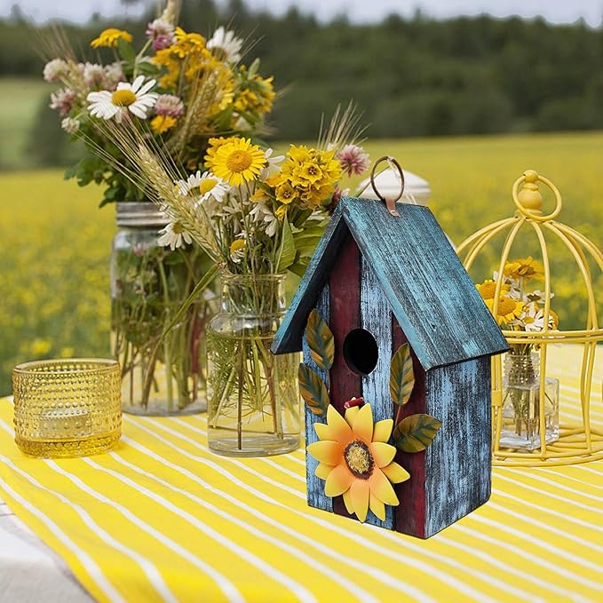 Linfevisi Wooden Bird House Bluebird Nest Box Birds Boxes Home Wood Birdhouses Hanging Outdoor Decorative for Wren Finch Chickadee Sparrows Cardinals Garden Tree 9.37 Inch Tall(Blue)