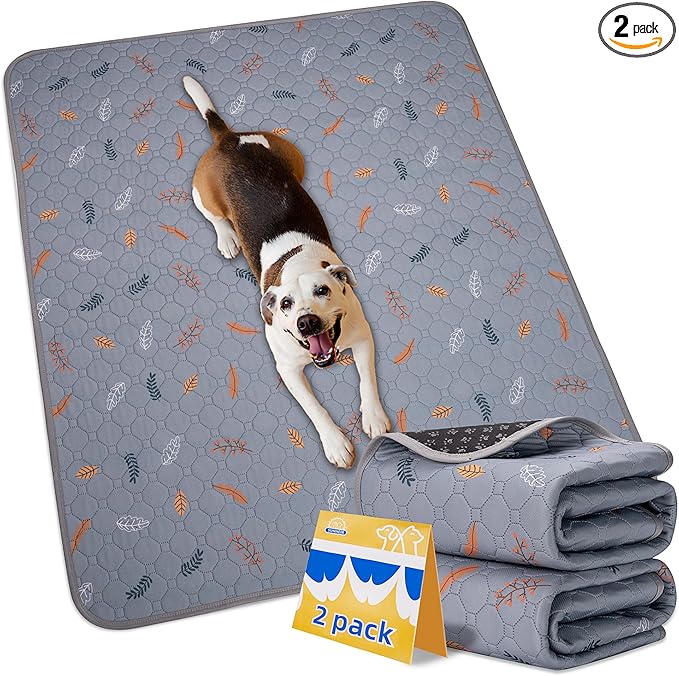 Sunheir Washable Pee Pads for Dogs 2-Pack Reusable Puppy Pads Pet Training Pads, Waterproof Dog Pee Pads for Crate, Whelping Pad, Non-Slip Protects Against Urine Leakage (Leaves - Light Grey, 24x36)