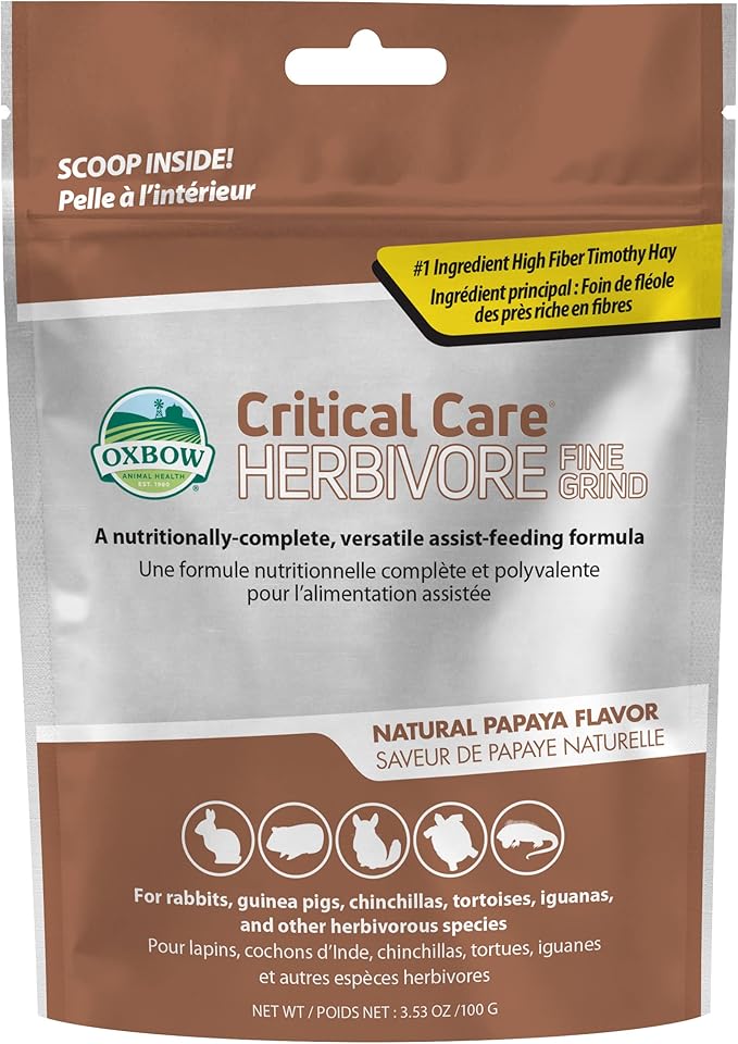 Oxbow Critical Care Herbivore, Fine Grind, Emergency Rabbit & Guinea Pig Food, Made with Timothy Hay, Natural Papaya Flavor, Assist Feeding Formula for Pets, 100 gram bag