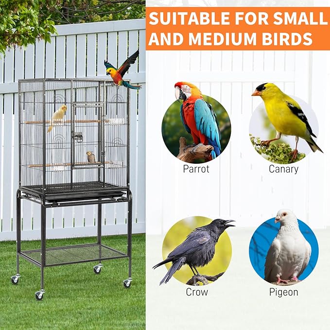 53 Inch Wrought Iron Large Bird Cage,53" Large Flight Bird Cage with Rolling Stand & Storage Shelf for Parrots Lovebird Cockatiel Parakeets, Black