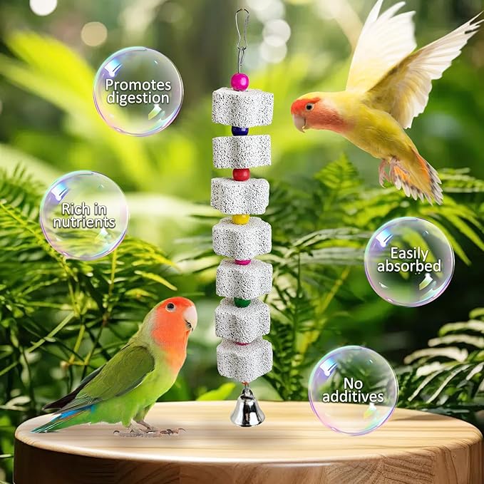 PINVNBY 3 Pack Bird Chewing Toy Lava Calcium Bird Beak Grinding Stone with Bell Hanging Parakeet Cage Accessories for Parrots Budgies Cockatiels African Grey (7 Block Per String)