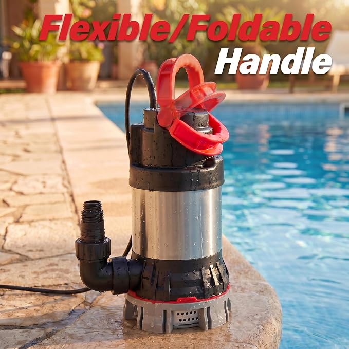 TOPWAY Submersible Water Pump, 1-1/4 HP 4600 GPH Stainless Steel Sump Pump with Filter Base, Electric Portable Water Pump with 16.4ft Cord for Swimming Pool, Hot Tub, Garden Pond, Basement Draining