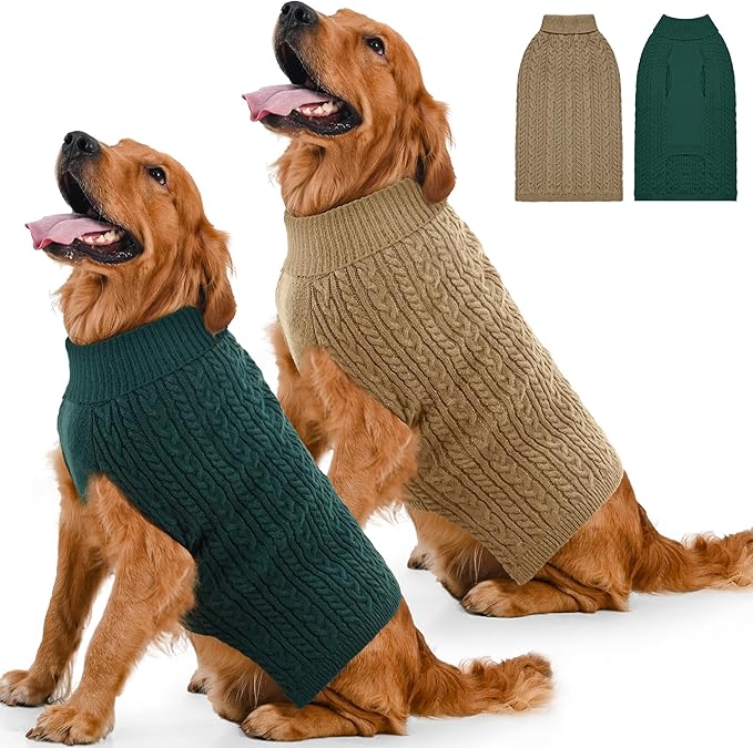 2 Pack Dog Sweaters for Large Dogs Winter Turtleneck Pullover Cable Knit Fleece Stretch Pitbull Labrador Golden Retriever Doberman Bulldog Boy Girl Pet Clothes (XL, Green & Brown)