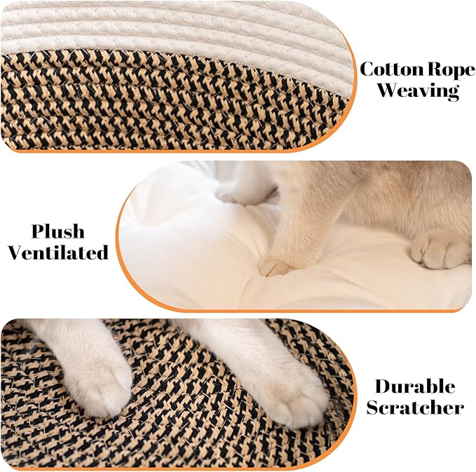 CHEERHOME PETS Cat Bed Basket with Cushion, Cotton Rope Woven Pet Bed for Indoor Cats Couch, Stimulicat Cat Bed Handwoven Breathable, All Season Universal (Brown)