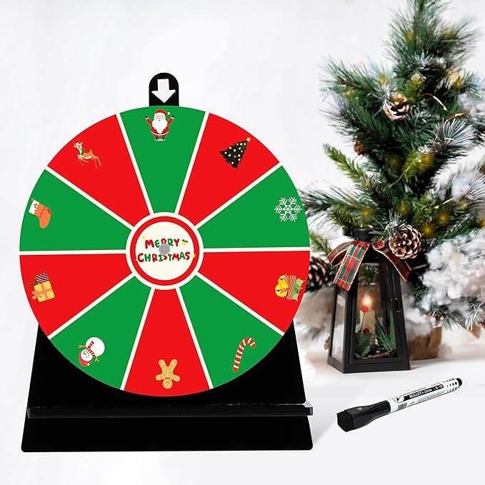 iobiotio Christmas Party Spinning Prize Wheel, 8 inch Game Spinner Wheel for Prizes with Stand, 10 Slots Color Small Tabletop Roulette Spinner, Easy Assembly and Erasable, Portable