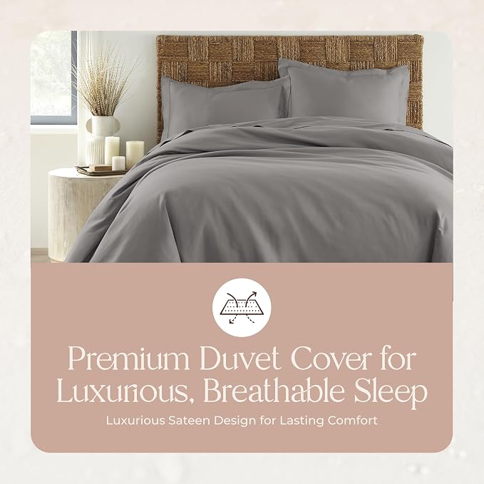 100% Organic Cotton Duvet Cover Queen Size - Naturally Soft Lightweight & Cooling Duvet Cover Set with Decorative Shams - Premium GOTS Certified 300 Thread Count Sateen Weave (Stone, Queen)