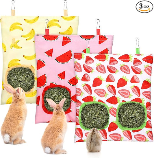 UPINS 3 Hay Bag for Rabbits 2-Hole Hanging Hay Feeder Guinea Pig Hay Bags, Hay Feeder for Rabbits Chinchillas Hamsters Small Pets and Animals(Fruit Pattern)