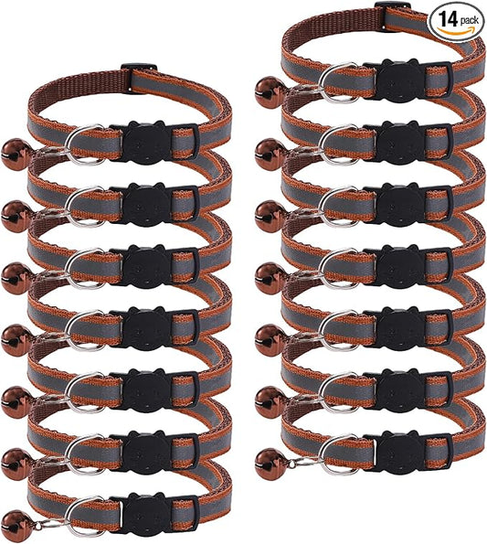 14 Pack Breakaway Cat Collar with Bell, Reflective Kitten Collar for Girl Boy Cats, Safety Buckle Adjustable 7.5-12.5 Inch, 0.4 Inch Width Lightweight, Pet Gifts (Brown)