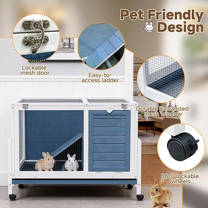 Large Indoor Rabbit Hutch Wooden Bunny Rabbit Cage 2-Story with Run Caster Waterproof No-Leak Pull-Out Tray Ramp Wheel for Guinea Pig Small Medium Animal Wood Pet House Home Blue & White 37“