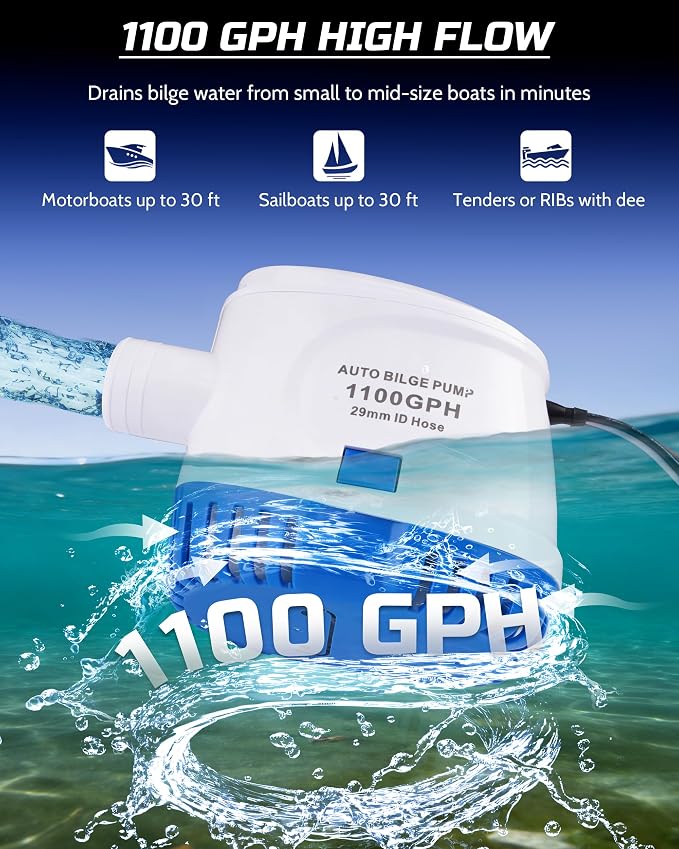 12V Automatic Boat Bilge Pump Kit, 1100GPH DC Marine Pump w/Float Switch | Submersible Water Removal Pump for Fishing Boat, Runabouts, Cruisers, 1-1/8" Outlet, Marine-Grade Hose & Thru-Hull Fitting