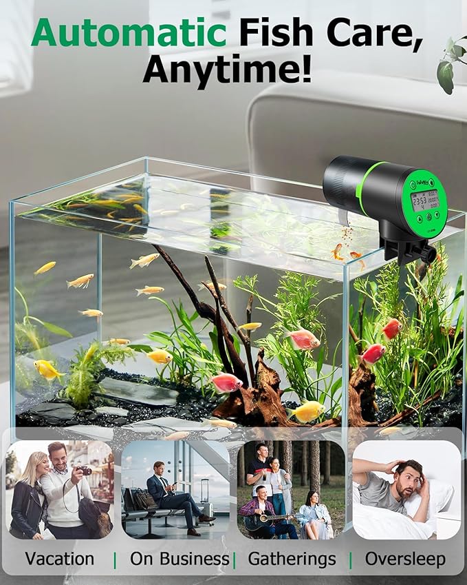 Automatic Fish Feeder for Aquarium, Auto Fish Food Dispenser with Timer and Feeding Ring, Moisture-Proof, Smart Fish Tank Vacation Feeder with 2 AAA Batteries