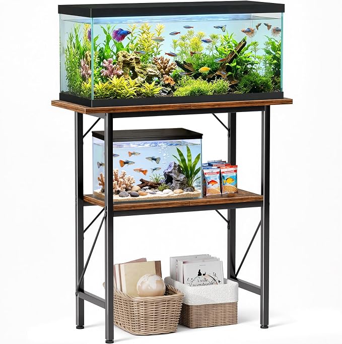 10-30 Gallon Fish Tank Stand with Storage Shelves, 2-Tier Aquarium Stand with Metal Frame, Heavy Duty Reptile Turtle Tank Stand for Home Office, 30" L x 11.8" W x 30.5" H, Rustic Brown