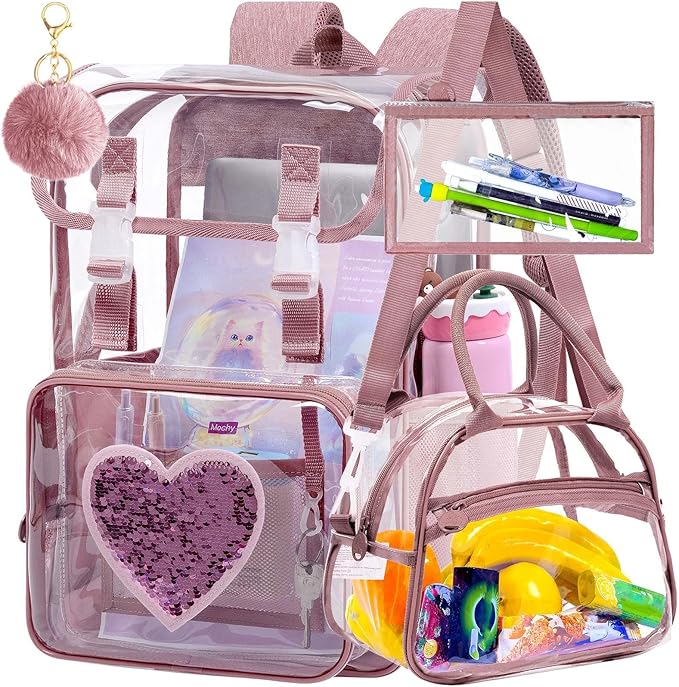 17" Sequin Clear Backpack for Girls - 3Pcs School Flip Design Stadium Approved Set, Waterproof Campus Transparent Bookbag (Pink)