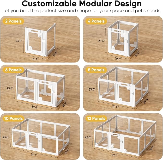 Clear Acrylic Dog Play Pen Indoors 24", 12 Panels Transparent Puppy Playpen with Door for Small Dogs Puppies, Modular Plastic Pet Playpen Cage Fence Crate for Cat Kitten Rabbit, White