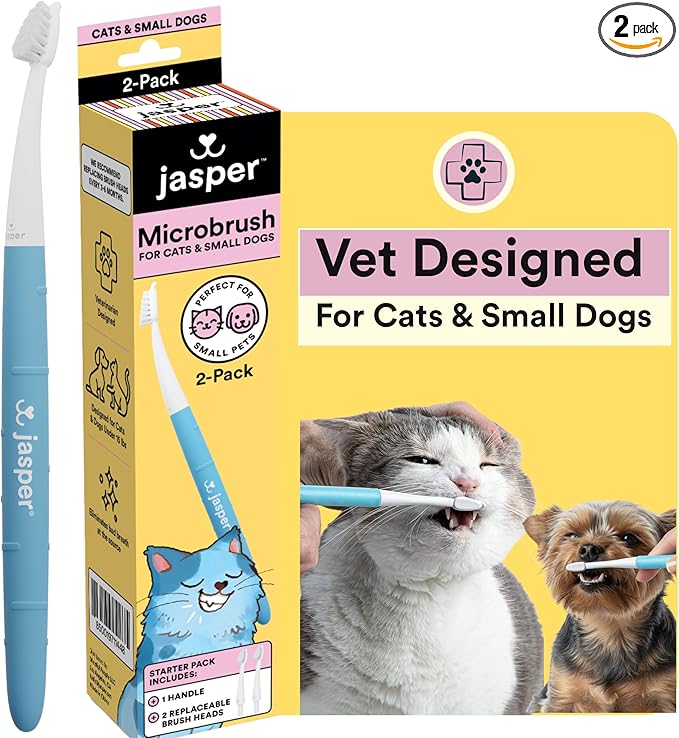 Jasper Microbrush Vet Approved Cat Toothbrush, Soft-Bristled Toothbrush Kit for Felines & Small Dogs, Non-Slip Handle with 2 Replaceable Tooth Brush Heads, Use with Cat Toothpaste, 2-Pack, Blue