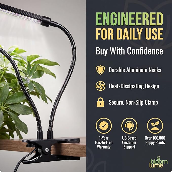 Bloom Lume LED Grow Lights for Indoor Plants Full Spectrum 6000K - Plant Grow Lights Indoor Features Multi Mode Color Spectrums (Red, White & Blue), Dimmable, Auto Timer, Clip on Gooseneck Plant Lamp