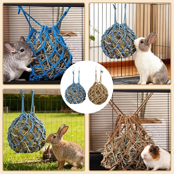 2 Pcs Rabbit Hay Feeder Mesh Bags, 2 Metal Hooks Hanging Hay Mesh Bags, Guinea Pig Hay Bags, High-Capacity Bunny Hay Bag for Rabbits, Chinchillas, Hamsters, Small Pets and Animals