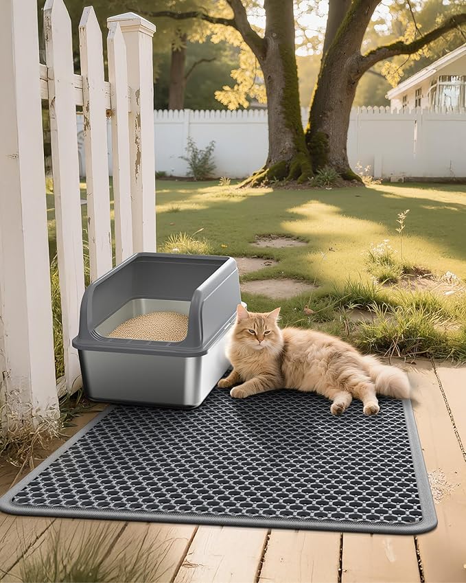 Powools Cat Litter Mat - 30" x 24" Large Litter Box Mat with Double Layers, Urine-Proof and Non-Slip Litter Trapping Mat, Easy to Clean Kitty Litter Mats for Floor, Scatter Control, Grey