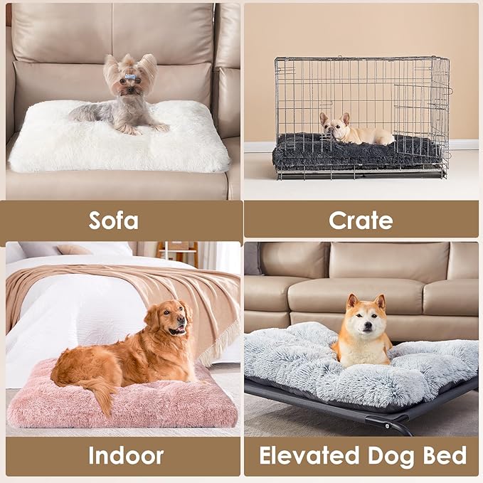 EHEYCIGA Fluffy Dog Crate Bed for Large Dogs, Plush Faux Fur Crate Pad, Calming Anti Anxiety Large Dog Bed, Washable Soft Warm Crate Mat with Non-Slip Bottom, Pink