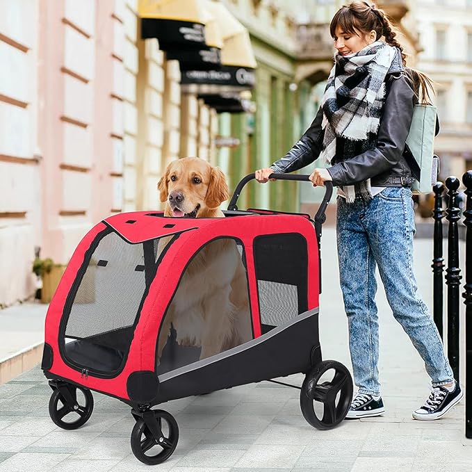 Saudism Stroller for Large Dogs, Extra Large Pet Stroller for Medium 2 Dogs, Dog Wagon, Dog Carriage, Foldable Design, Adjustable Handle, with Pocket, Up to 160 lbs, Red