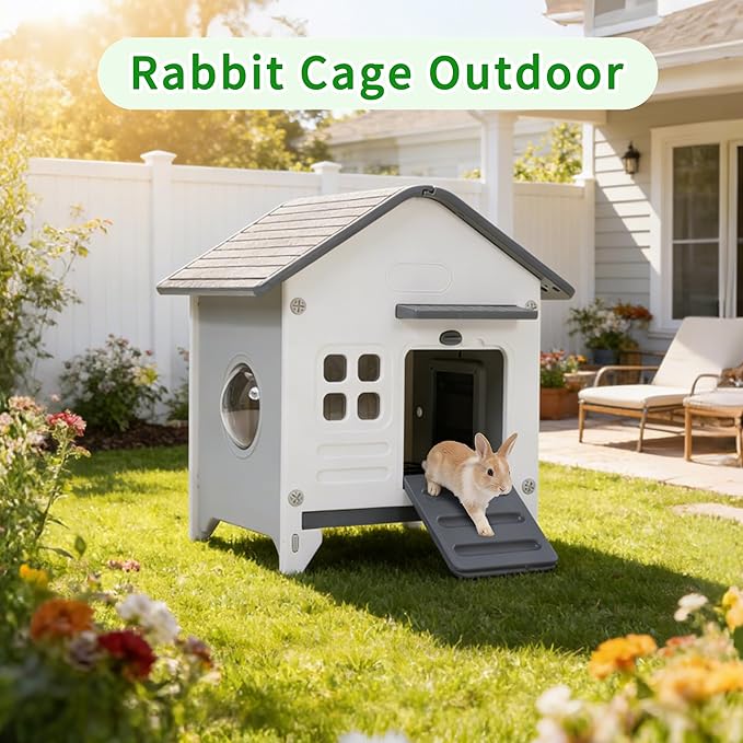 Rockever Plastic Rabbit Cage Outdoor Indoor, Waterproof Rabbit Hutch-Leak-Proof Pull-Out Tray&Chew-Proof, Bunny Cage Guinea Pig Cages, Easy-Clean & Ideal for Small Animal