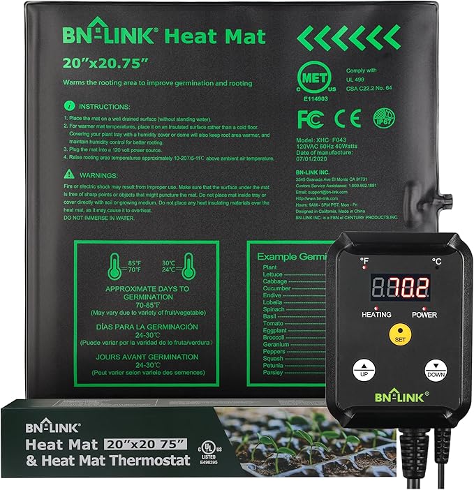 BN-LINK 20" x 20.75" Seedling Heat Mat with Thermostat Controller Combo Set | Plant Heating pad for Seed Starting with Temperature Control, Warming Mat for Indoor Growing, Plants Germination, ETL Listed